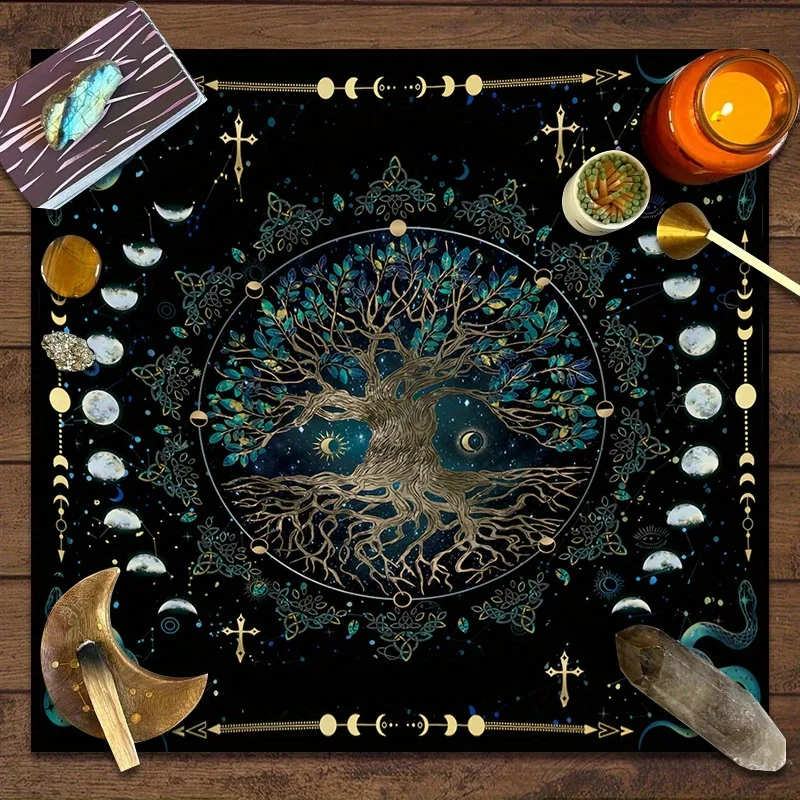 Enchanting Tree of Life & Moon Phase Tablecloth, Mystical Green With Blue Accents,Durable Washable Decor Cloth for Card Readings