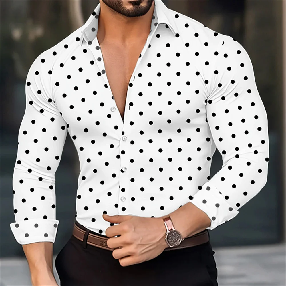 Men\'s Long Sleeved Polka Dot Printed Lapel Top, Button Up Shirt, Casual Summer Clothing, Hawaiian Holiday Fashion