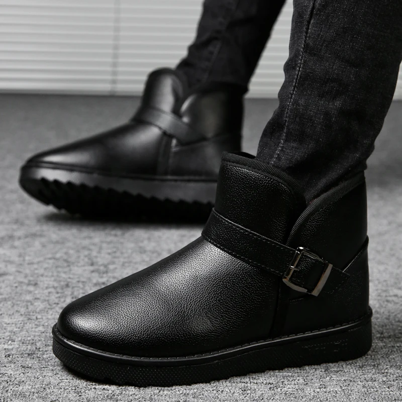 Simple Buckle Design Men's Fleece-Lined Cotton Boots, Smooth Leather, Waterproof, Wear-Resistant, Lightweight, Casual Short Boots for Outdoor Use, Cold-Proof and Snow-Proof