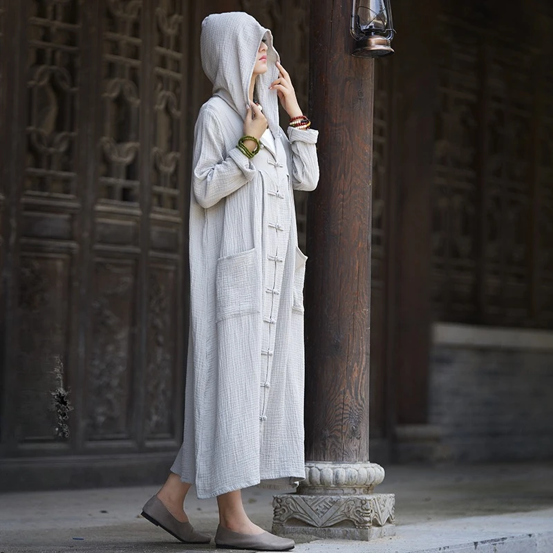 

Spring Summer Cotton Linen Women's Clothing New Retro Harajuku Hooded Trench Coat Lightweight Long Robe Cape Outerwear Jacket