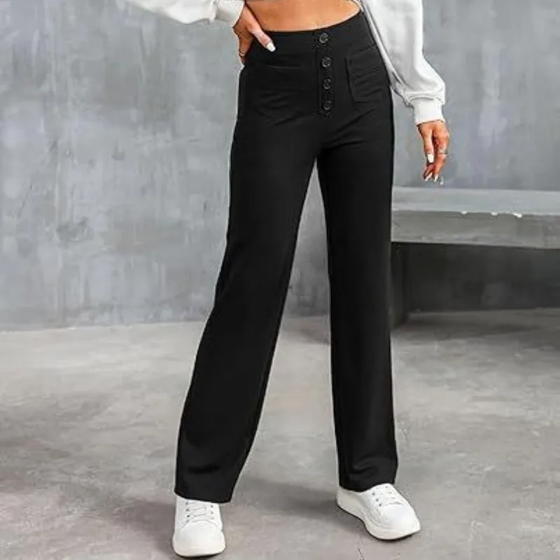 

2025 European and American Fashion New Women's High Waist Button Multi-pocket Elastic Loose Straight-leg Casual Trousers