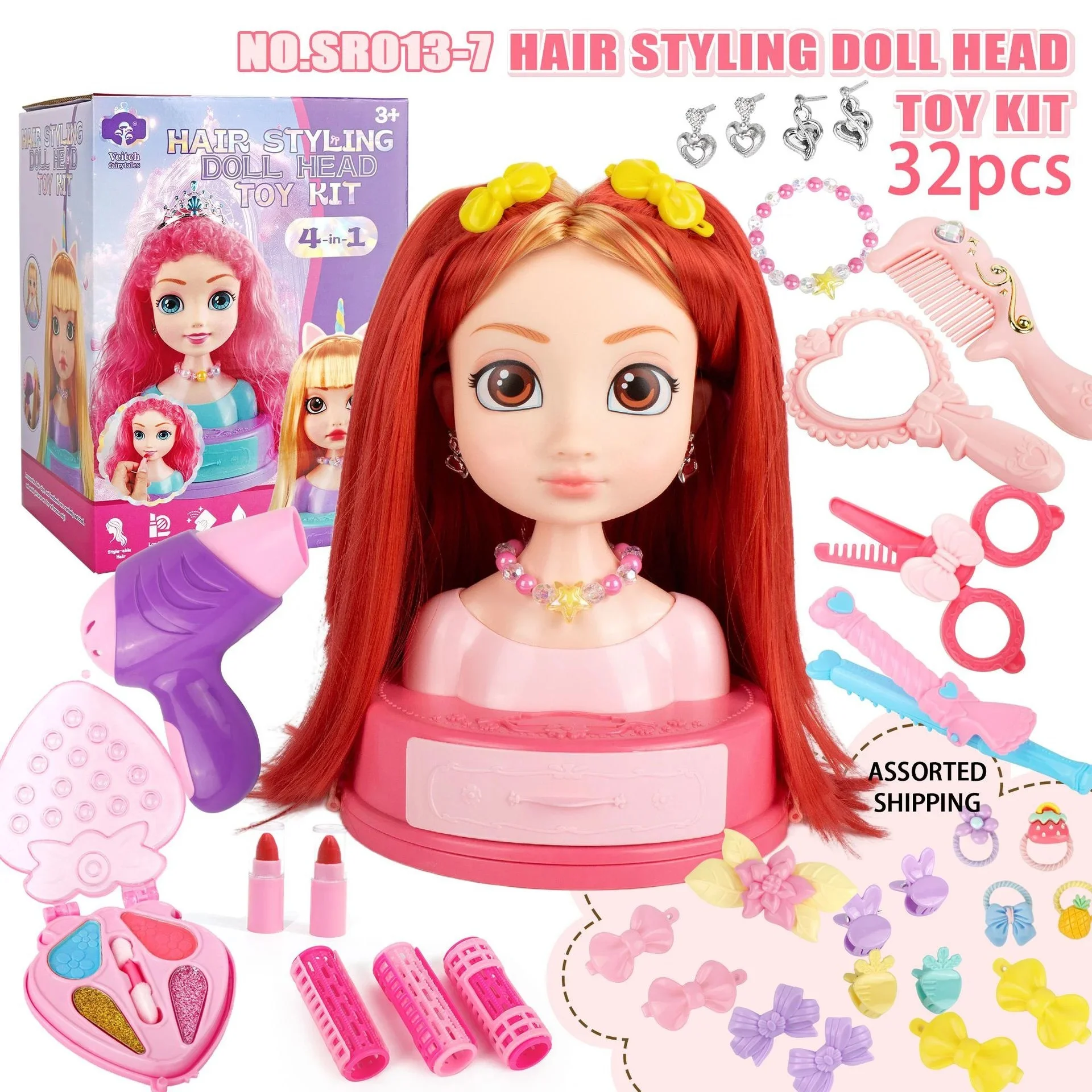Mädchen Haar Styling Puppe Kopf 32PCS Schönheit Make-Up Kit Pretend Friseur Spielen Spielzeug Simulation Kosmetik Set für Kind Geburtstag geschenk