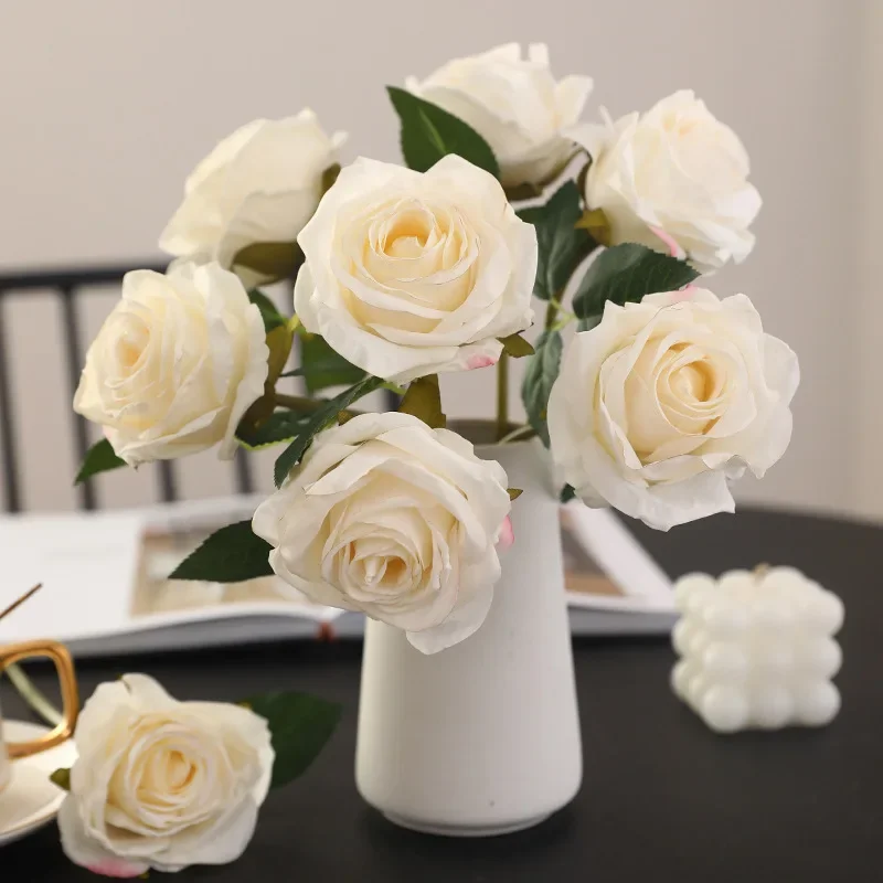 Autumn Luxury Artificial Flower Rose Branch 28cm Burned Edge Silk Faux Flower Home Garden Table DIY Party Wedding Decoration