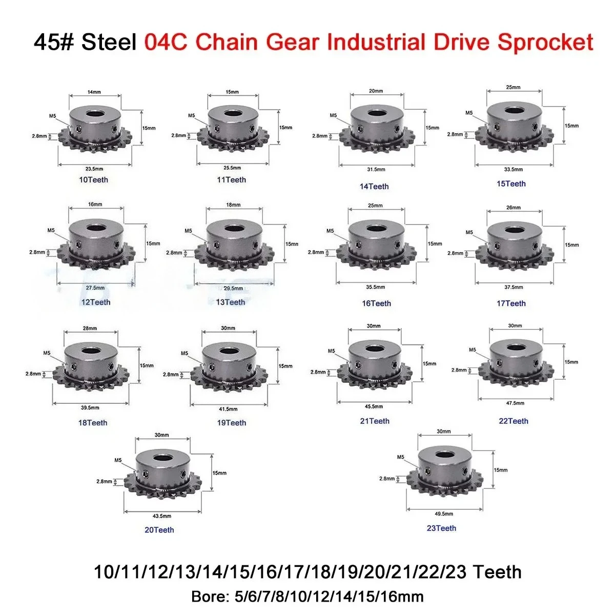 1 stks 10 T-23 Tand 04C Chain Gear Boring 5-16mm Tandsteek 6.35mm 45 #   Stalen industriële tandwiel motor ketting aandrijftandwiel