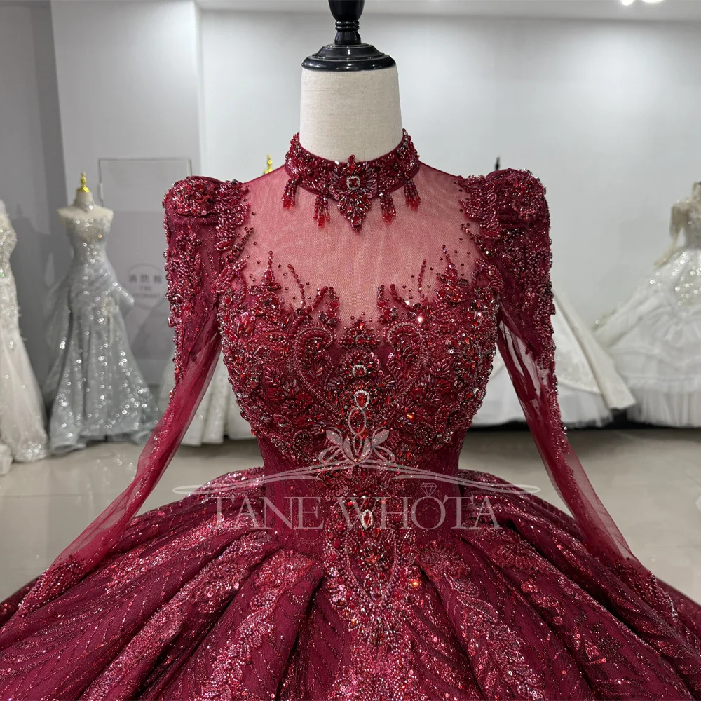 

Women's Customizable High Long Sleeve Evening Dress Lace-Up Keyhole Back Crystal Sequined Embroidery Gown For Special Occasions