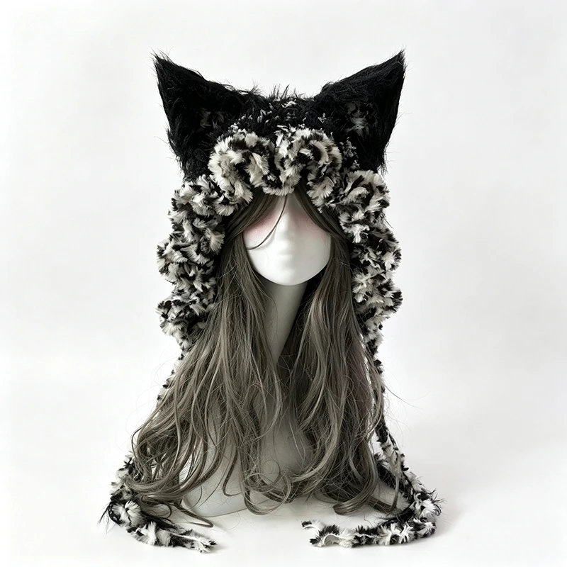 Handmade Black Grey Fox Ear Beanie Women Winter Warm Custom Crochet Plush Knit Ruffled Hat Men Gothic Cosplay Casual Unisex Caps