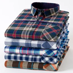 Camisas de manga longa para homens, camisa xadrez macia com bolsos, vestido social slim fit, roupa de lixamento, vestido casual, tamanho grande, 100% algodão