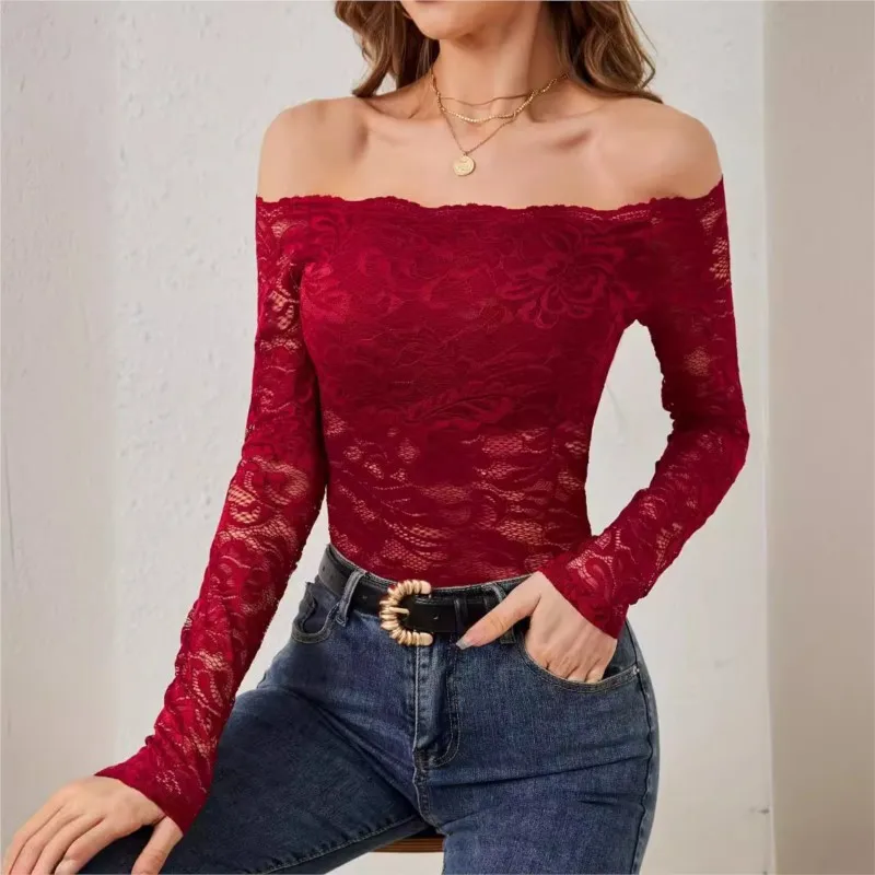 Women's Sexy Elegant Off Shoulder Lace Transparent Blouse Long Sleeve Solid Ladies Slim Fit Blouses Tops Slim Fit Female Tee