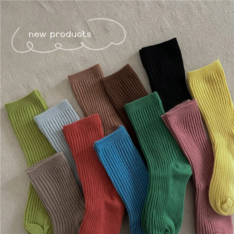 1 Pairs Candy Color Children Socks Soft Cotton Double Needle Spring Kids Tube Socks Girls Boys School Sports Socks For 1-12Year