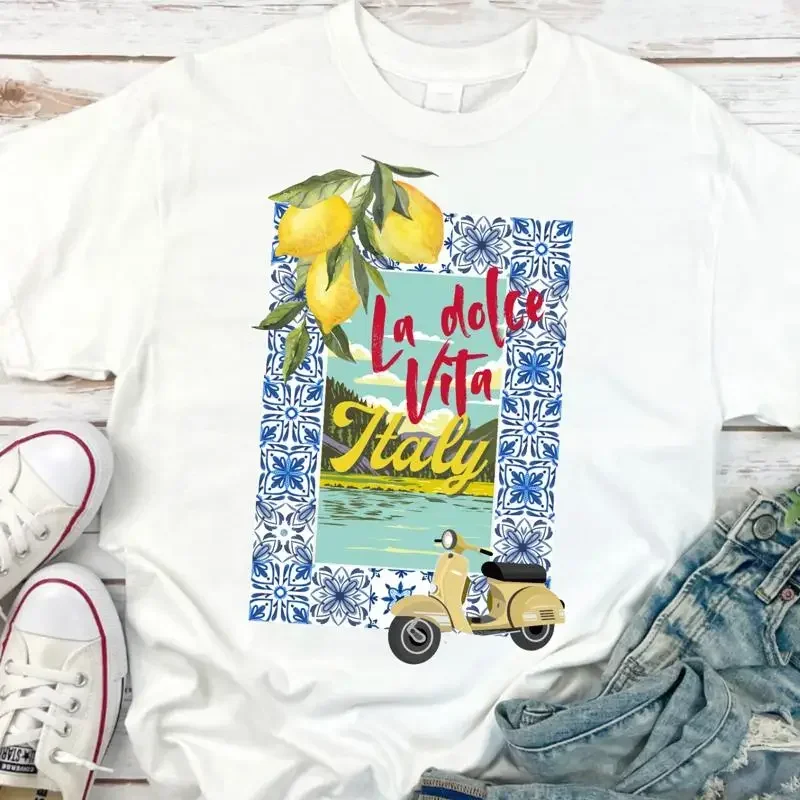 Italy T Shirt La Dolce Vita Mediterranean Lemons Scooter