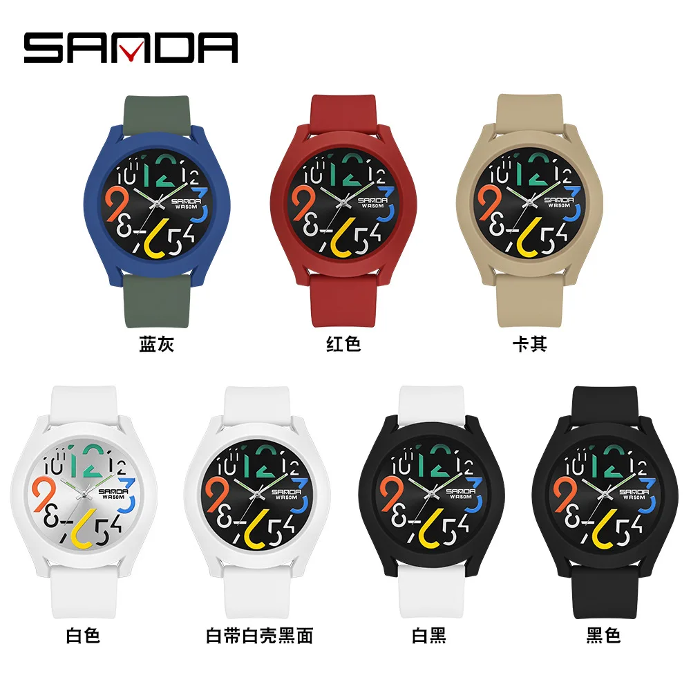 Sanda-Montre à quartz pour hommes et filles, bracelet en silicone, étanche, créative, simple, rouge, horloge décontractée, nouvelle mode, 9021, 2023