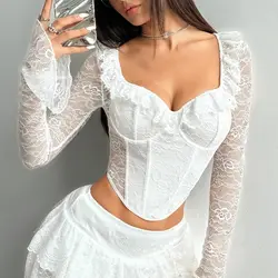 White Elegant Long Sleeve Corset Cropped Tops Women Bodyshaper Autumn Fashion Lace Mesh Boned Top Slim Fitted Shapewear Camisole