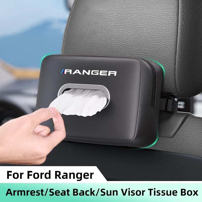 Car Tissue Box For Ford Ranger T9 T6 Raptor Nappa Leather Car Seat Back Draw Paper Bag Hanging Sun Visor Armrest Box Tissue Bag