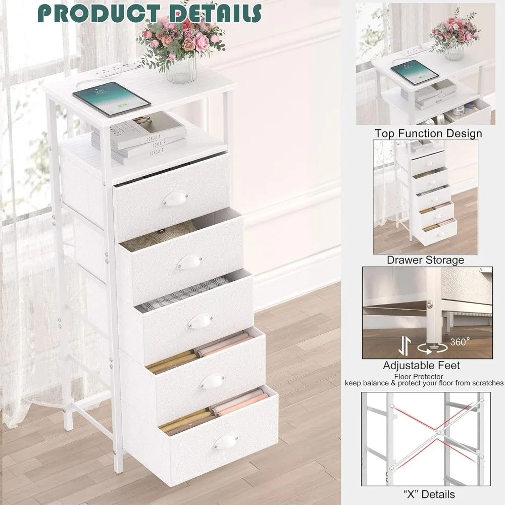 منضدة مع قاعدة شحن، منضدة بيضاء LED مع 5 أدراج قماشية، لمسة نهائية من البولي يوريثان، طاولات جانبية للسرير، مساحة تخزين مفتوحة من طبقتين