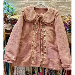 Women Winter Sweet Fleece Cotton Liner Corduroy Patchwork Lace Coat Vintage Mori Girl Cottage Core Floral Embroidery Pink Jacket