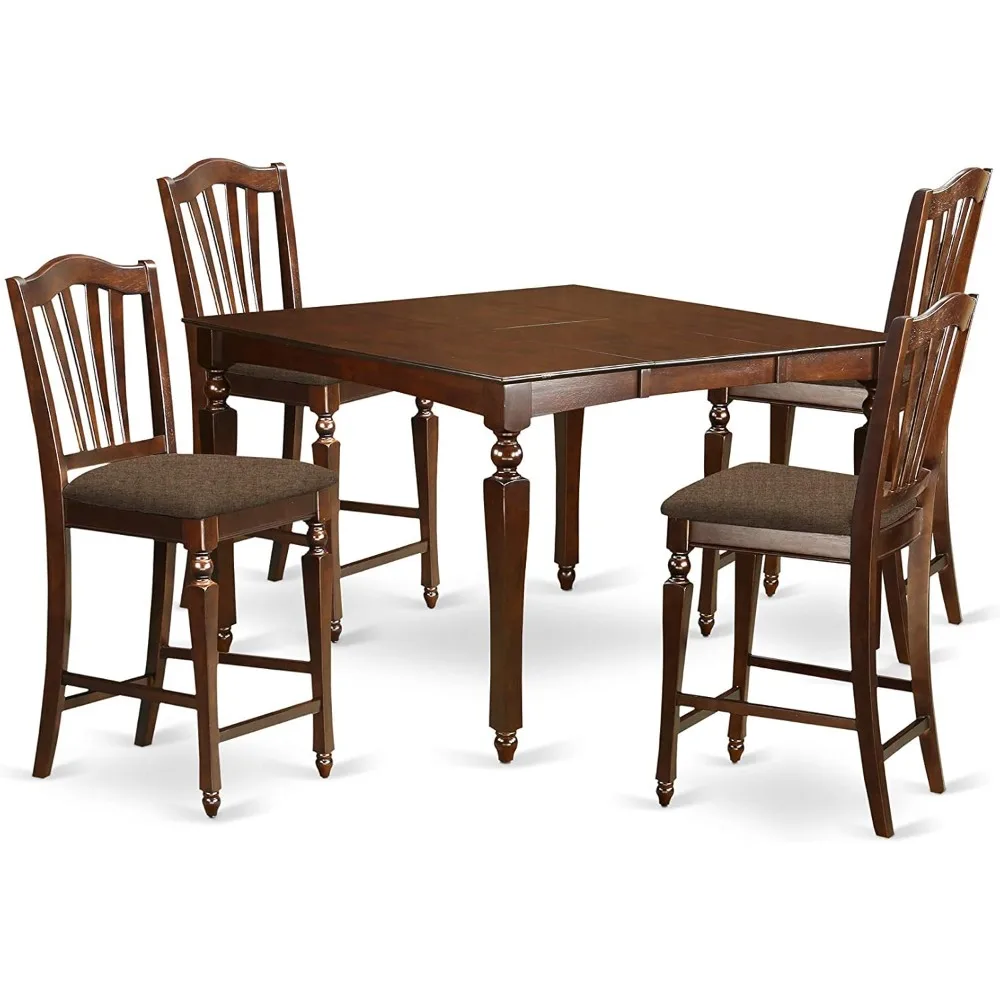 5 Piece Counter Height Set Includes a Square Dining Room Table with Butterfly Leaf and 4 Linen Fabric Upholstered Chairs