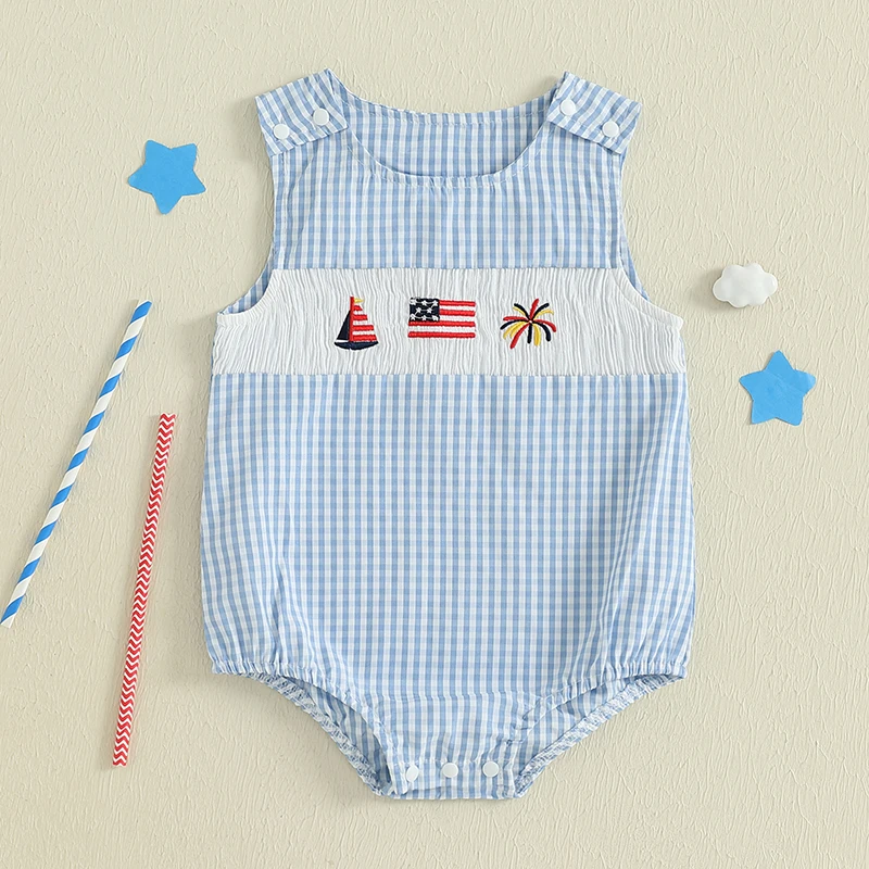

Baby 4th of July Romper Sleeveless Round Neck Firework Sailboat Flag Embroidery Bodysuit Infant Clothes
