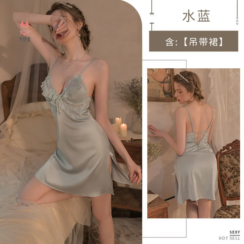 New pajamas suspenders nightdresses summer cool beautiful back lace ruffles