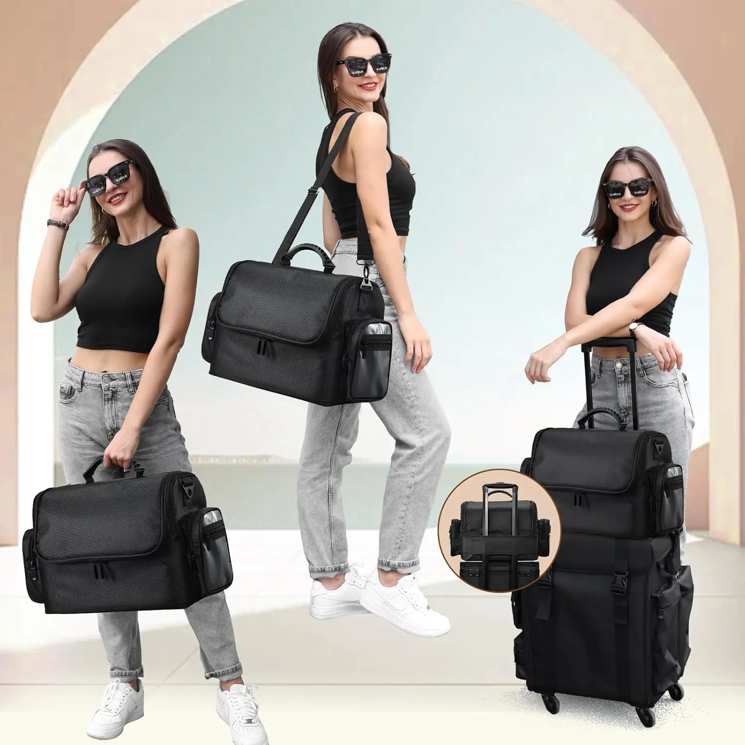 

2025 hot sale Professional Makeup Train Case Large Bag Makeup Artist Bag Travel Makeup Box with 4 Storage Bag and Adjus