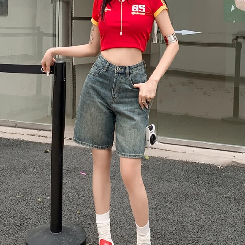 Denim Shorts Women Y2k Vintage Midi Baggy High Street Trendy Cool College Korean Style Fashion Casual Daily Summer Students Cozy