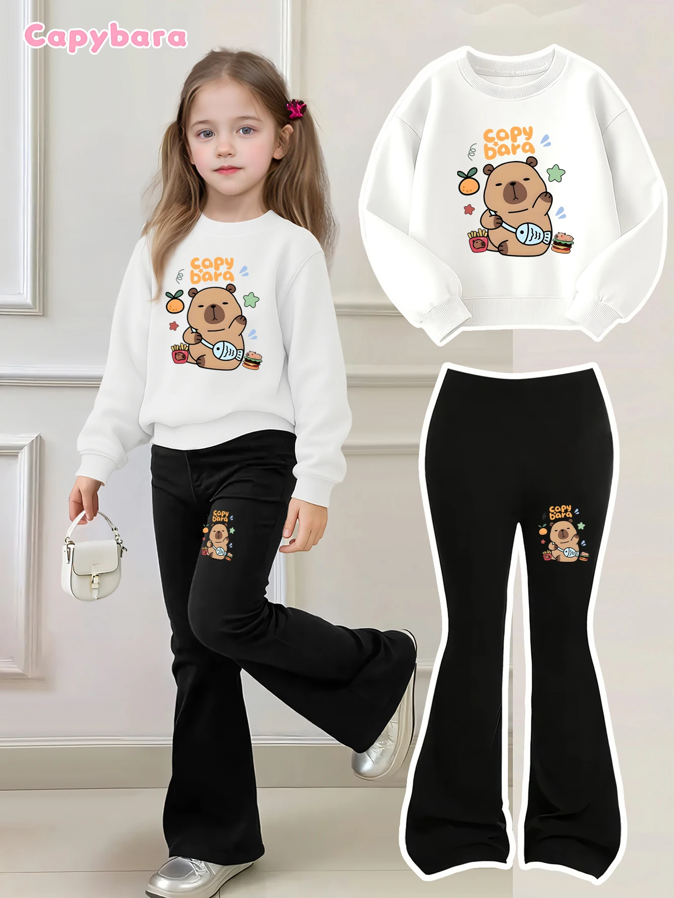 Conjunto de duas peças para meninas Capivara: moletom com estampa capivara + calças largas, roupas para meninas/trajes para meninas, roupas de marca da moda diária, moletom branco + calças largas pretas