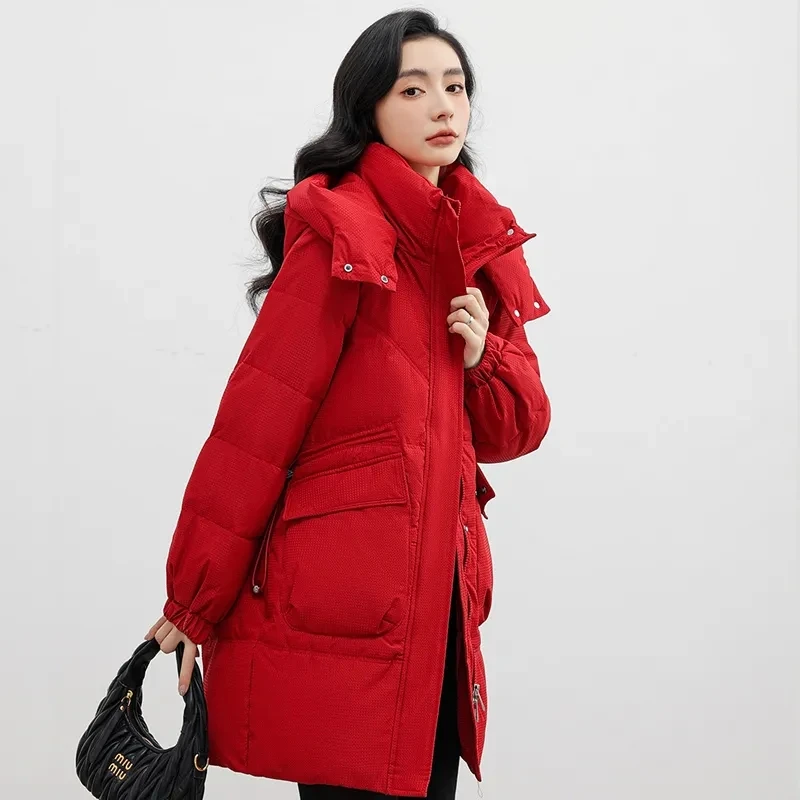 

Thicken Women's Coat Medium Long Down Cotton Jacket 2023 Winter New Padded Parkas Warm Hooded Coat Female Solid Casual Overcoat