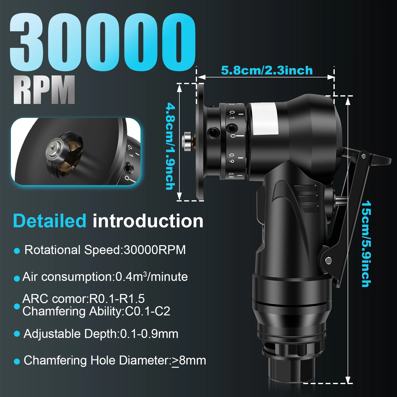 Mini Pneumatic Chamfering Machine 30000 RPM Handheld Air Beveling Machine Trimming Machine 45° Mini Chamfering Machine Air Tools