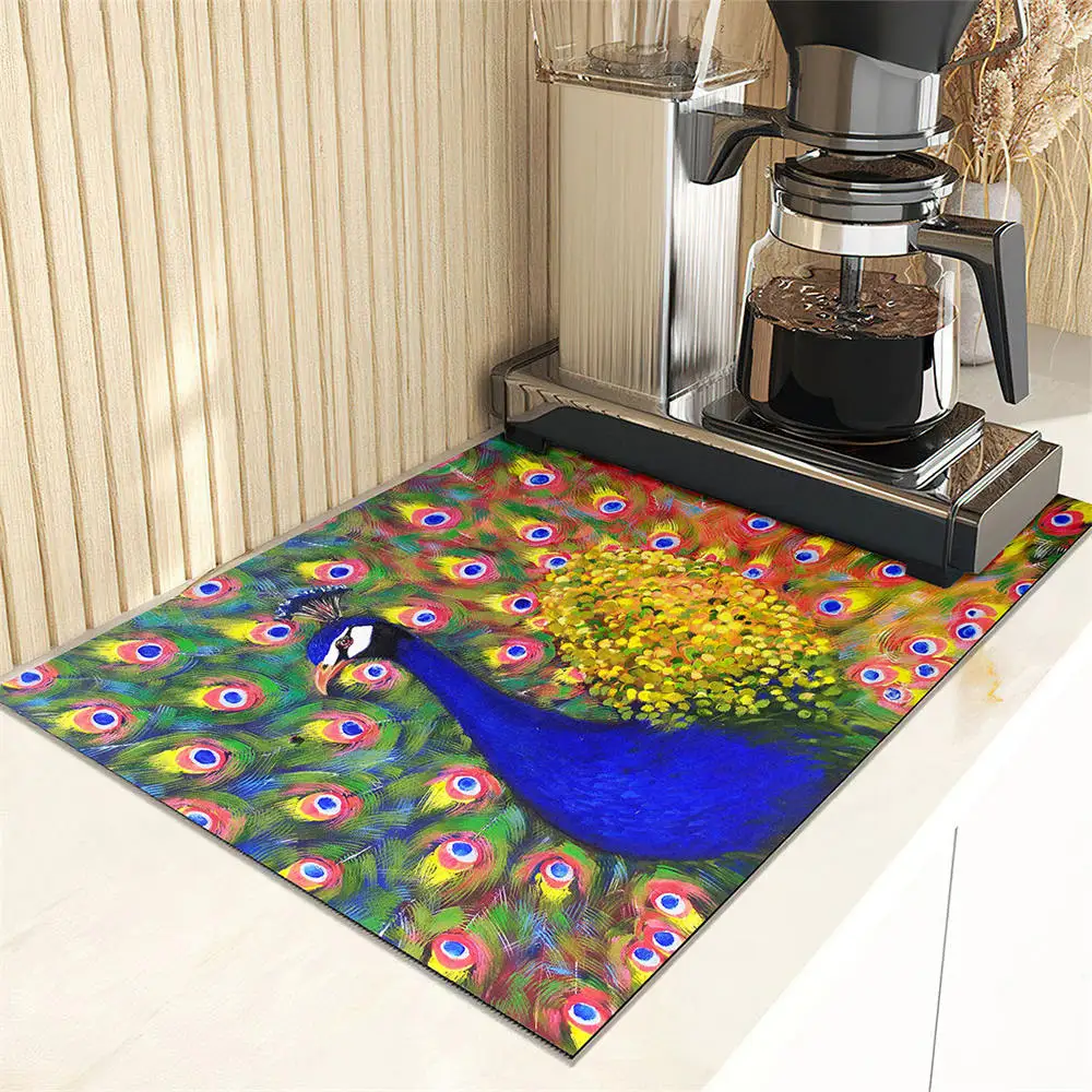 Peacock Pattern Dish Drying Mat Super Absorbent Kitchen Counter Drain Pads Tableware Cup Bottle Sink Waterproof Non-slip Mats