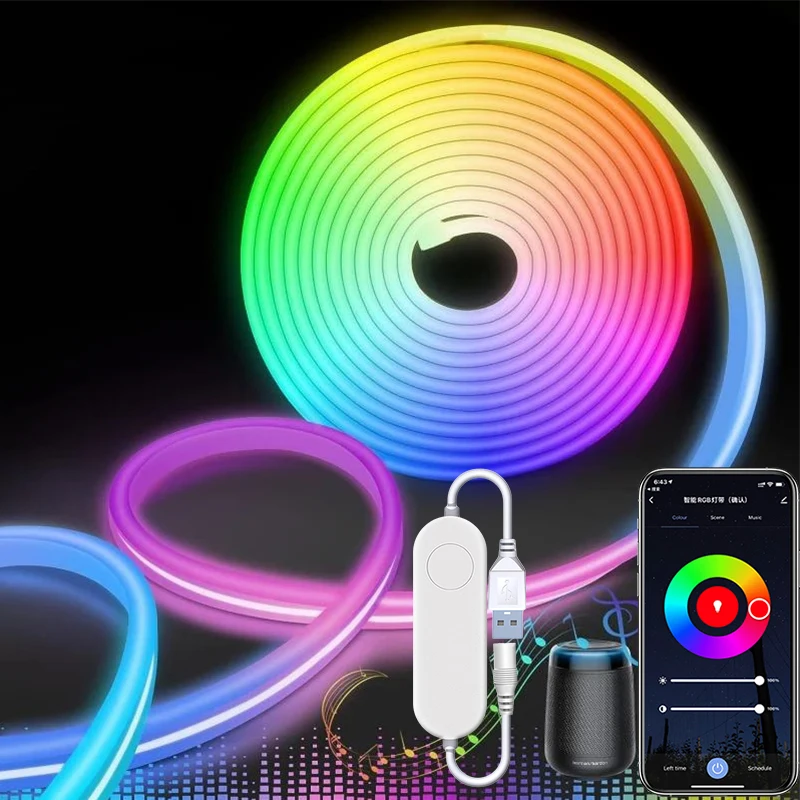 TUYA RGB Flexible Neon Light 16.4FT 5V Waterproof Color Changing Rope LED Strip USB Led Rope Lights for Wall Gaming Room Indoor