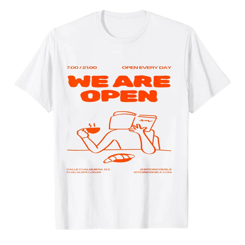 We Are Open Café Coffee Line Art Graphic T-Shirt Unisex Barista Bakery Lover Crew Neck Heather Gray Casual Tee Summre Cotton Tee