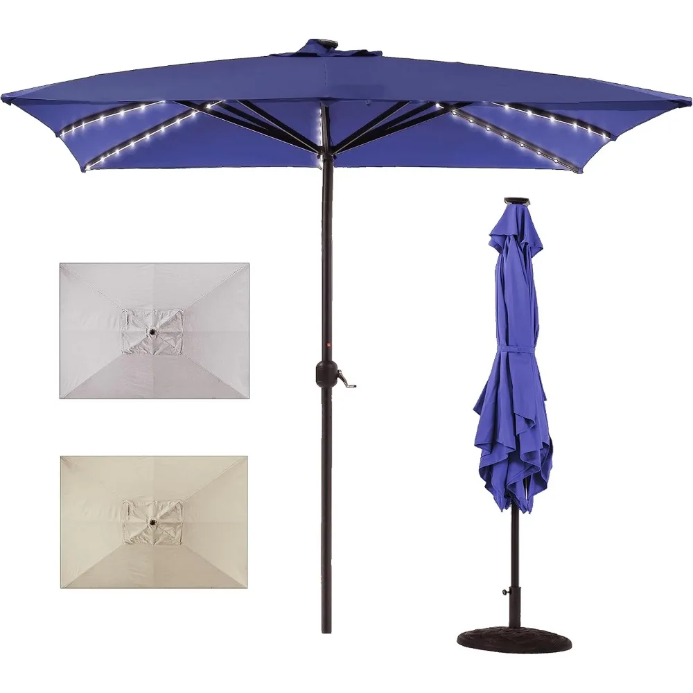 

Rectangular Patio Umbrella 10 ft Heavy Duty Patio Table Umbrella With Crank Lift Solar Lights, Super Thick Windproof Pole