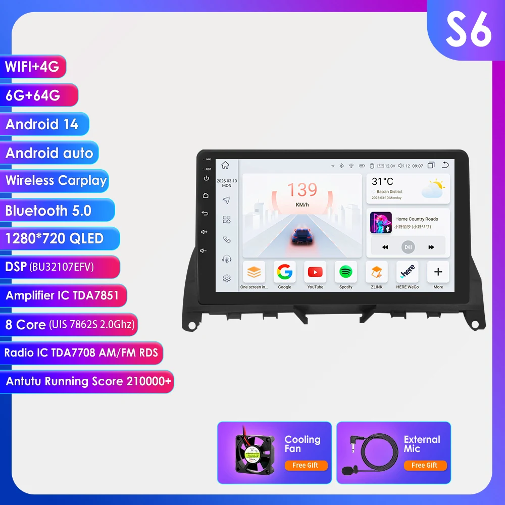 Hizpo 2Din QLED Scherm Android 14 Multimedia Speler voor Mercedes Benz C-Klasse W204 S204 2007 - 2010 Navigatie Draadloze CarPlay Wifi 4G 360Camera