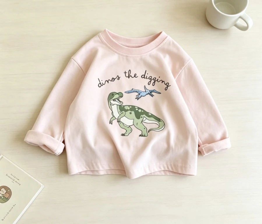 Small Toddler Cute Dinosaur Basic Long Sleeve T Shirt Kid Round Neck Single Top Dinos The Digging Slogan Cartoon Clothing Tees