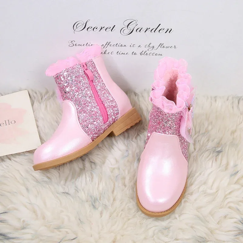 

Winter Girls Princess Glitter Boots Luxury Sequins Children Fashion Cotton Boots Catwalk Versatile Kids Causal Warm Plush Boots