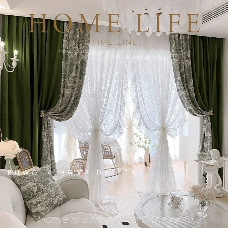 

Fashion French Retro Style Velvet Olive Green Jungle Print Retro Bedroom Balcony Bay Window A Living Room Curtain White Tulle