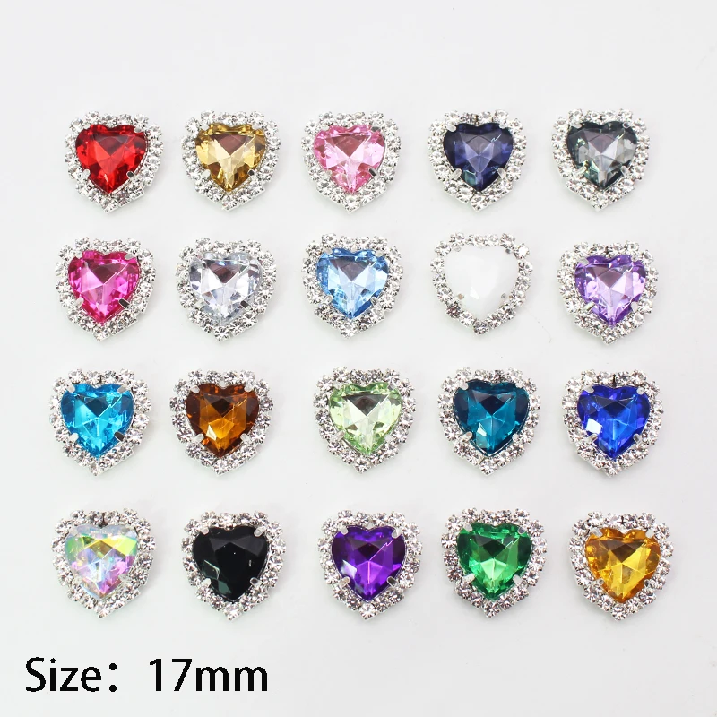 10pcs/lot 17MM Silver Metal Heart-shaped Mixed Acrylic Rhinestone DIY Buttons For Wedding Decoration Sewing Clothing Buttons