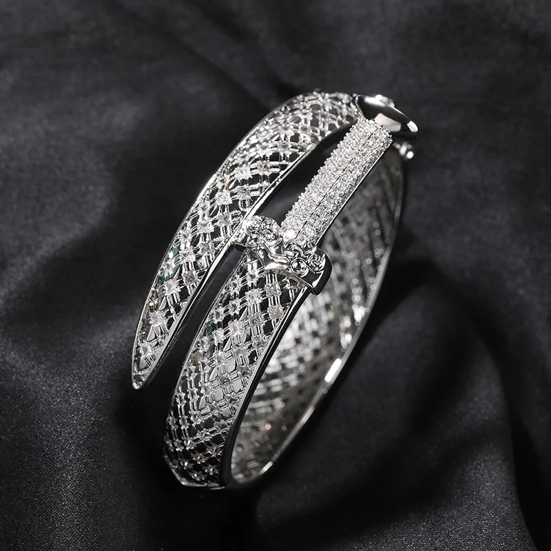 Hip Hop 5A+ CZ Stone Paved Bling Ice Out Sword Open Cuff Bangle Bracelet for Men Rapper Jewelry Gold Silver Color