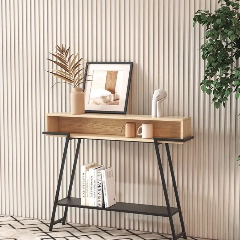 

Modern entry table simple light luxury metal welding cabinet by the door long strips are several against the wall iron shelves