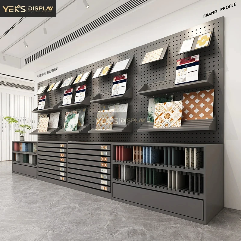 custom.Customizable Metal Drawer Combo Cabinet Display Rack, Perforated Board Commercial Tile Stand, Showroom Wall Storage Shelf