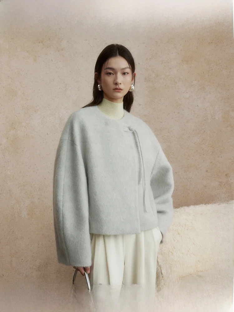 

Женское короткое шерстяное пальто ZhiZhi в китайском стиле, зимнее, модное, для повседневной носки, простого свободного кроя, с длинными рукавами, круглым вырезом, однотонное