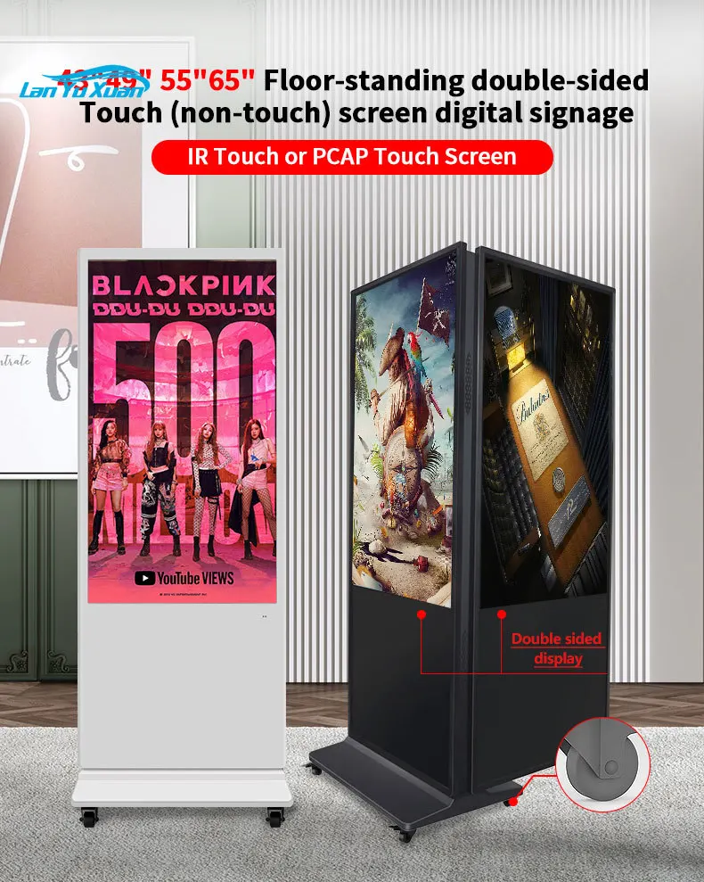 Quiosco de doble cara con pantalla táctil para interiores, quiosco de señalización Digital superfino de 65 y 55 pulgadas para publicidad