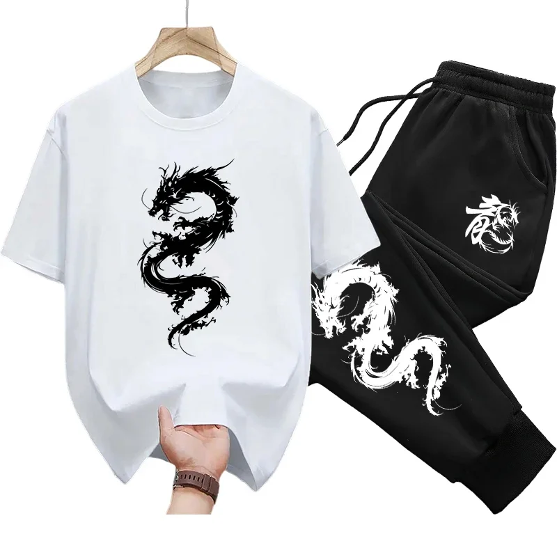 

Chinese Dragon Print T-shirt Sweatpants 2 Piece Set Men's Tracksuit Spring Summer Daily Casual Sporty Tees Outfit Gym Sportswear