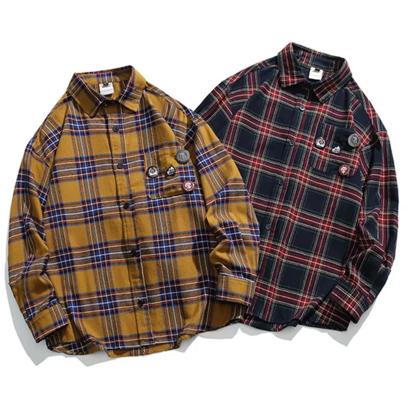 Men's Long Sleeve Plaid Flannel Shirt Jacket Badge Design Cotton Loose Button Down Oversized Shirt Women's Outdoor Clothes