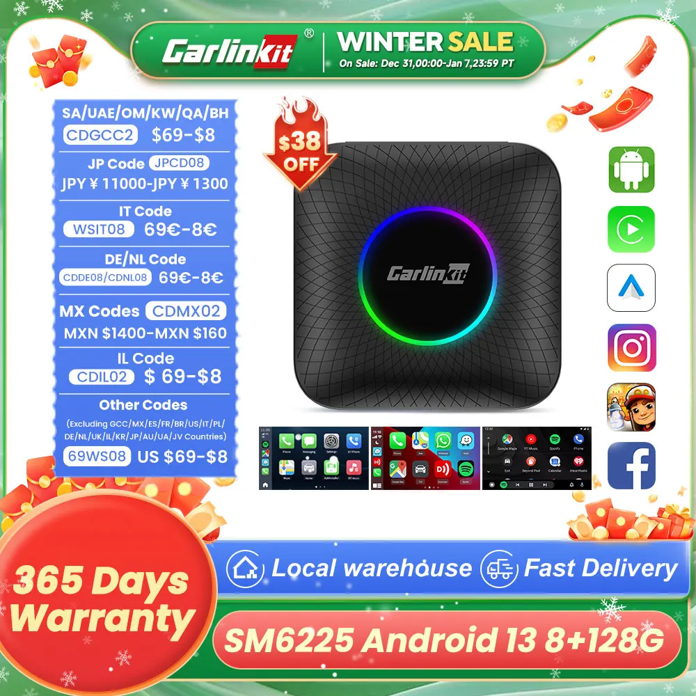 CarlinKit CarPlay Ai Box Android 13 SM6225 8 cores 8G+128G Smart Android TV Box Wireless CarPlay Android Auto Support 512GB SD