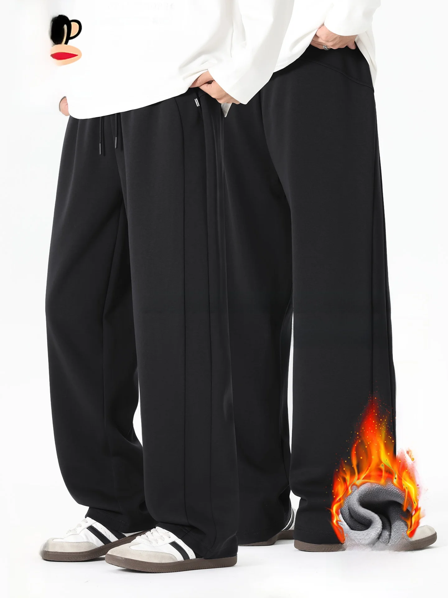 

Men's Fce Lined Thiened Deconstructed Casual Pants Winter Bla Wide Leg Pants Straight Cut Elastic Waist