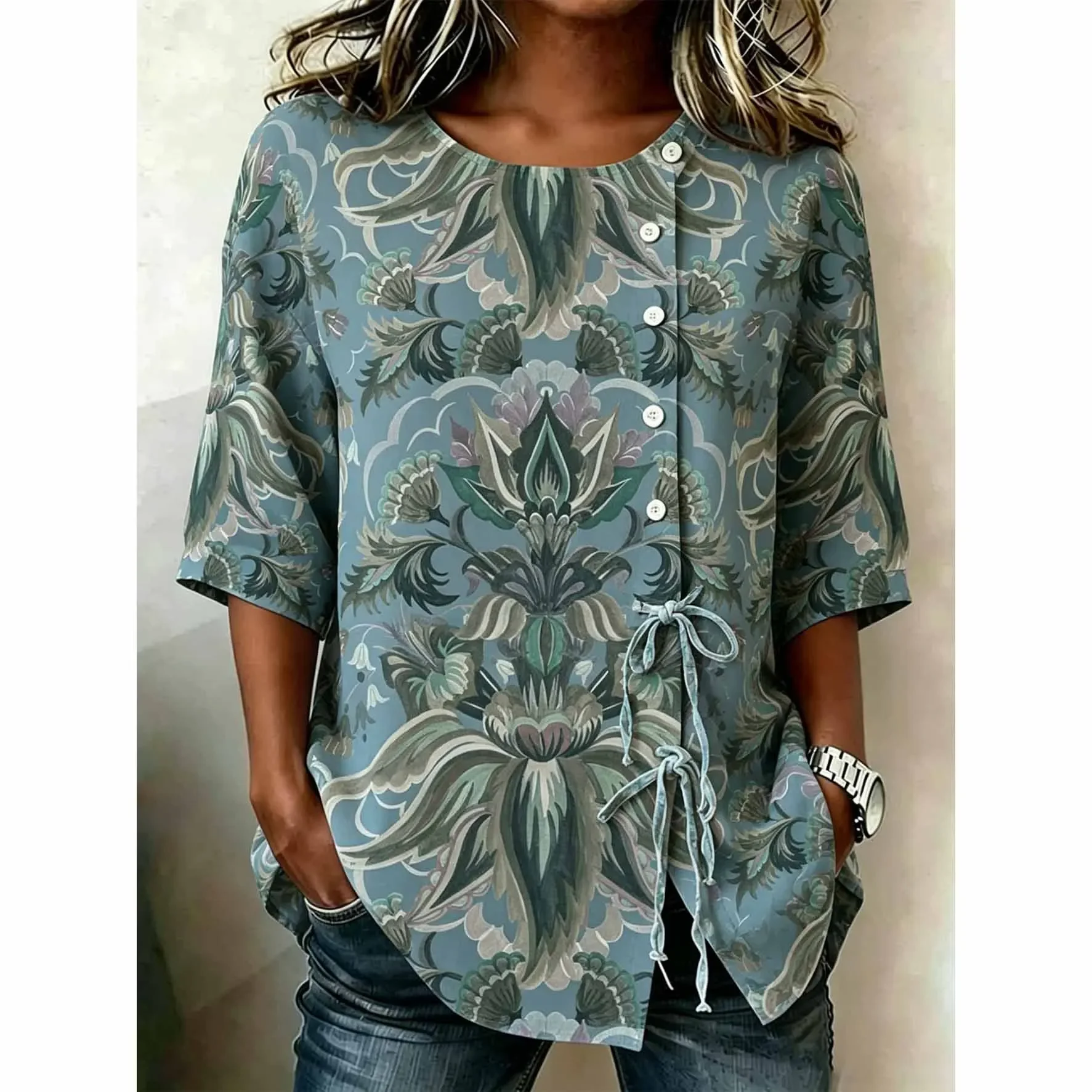 

Boho Paisley Floral Print Button Front Blouse Side Tie Half Sleeve Vintage Summer Shirt for Women