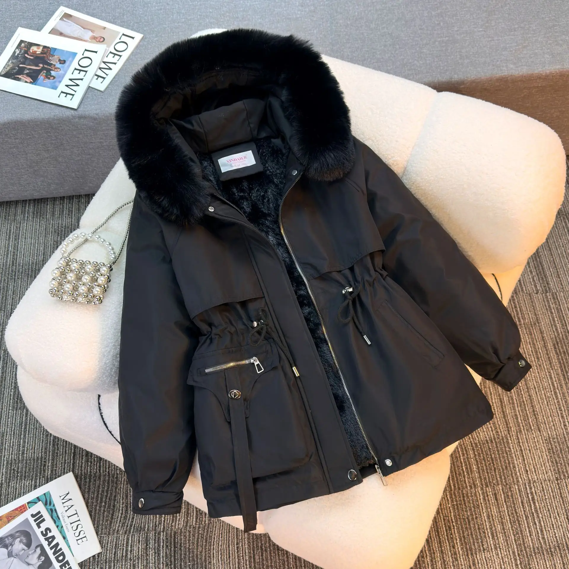 Pie overcome women's hooded big fur collar fashion versatile simple cotton-padded women's cotton-padded clothes