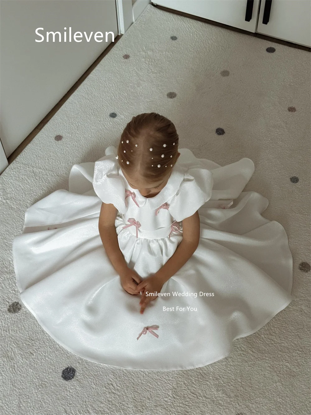 Smileven White Satin A Line Girl Flower Dress Peter Pan Collar Puff Short Sleeves Birthday Dresses Pink Bow Gowns Customized