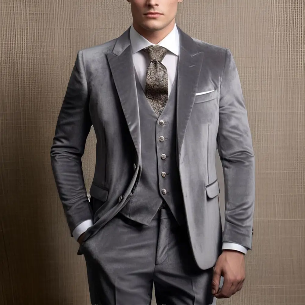 Velvet Suits for Men Single Breasted Wedding Tuxedo Groom Peak Lapel Slim Fit 3 Pieces Grey Formal Suit Jacket with Pants Vest