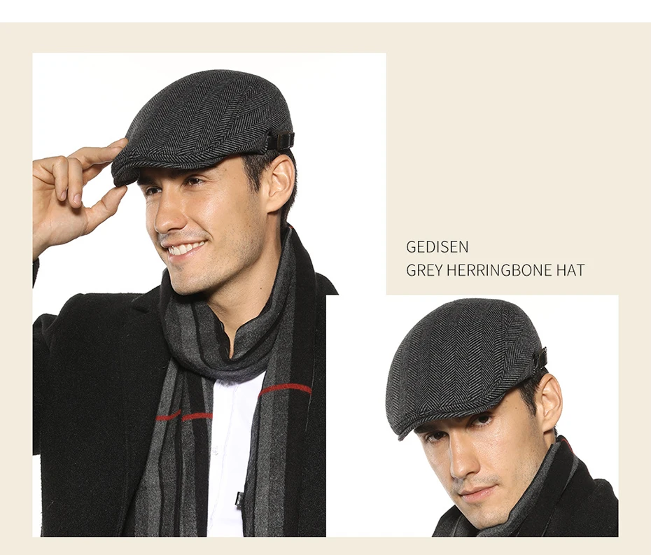 Wolle Vintage Baskenmütze Männer Winter Plus Samt Warme Flache Hut Lässige Berets Retro Mode Zeitungsjunge Mütze männer Zweireiher Einstellbar – Detail 5
